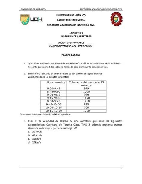 Examen Parcial De Ingenier A De Carreteras Apuntes De Ingenieria