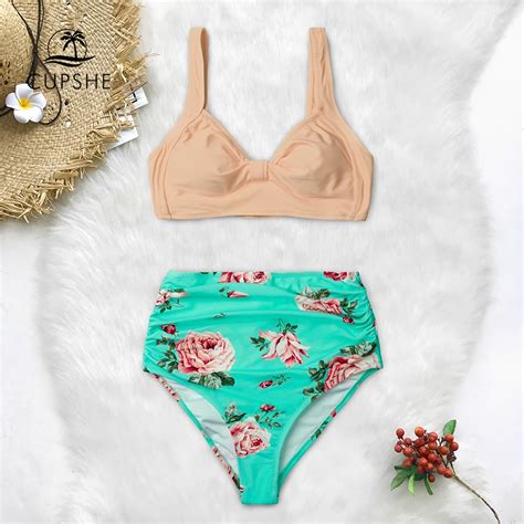 CUPSHE Pink And Green Floral High Waisted Bikini Sets Women Heart Neck