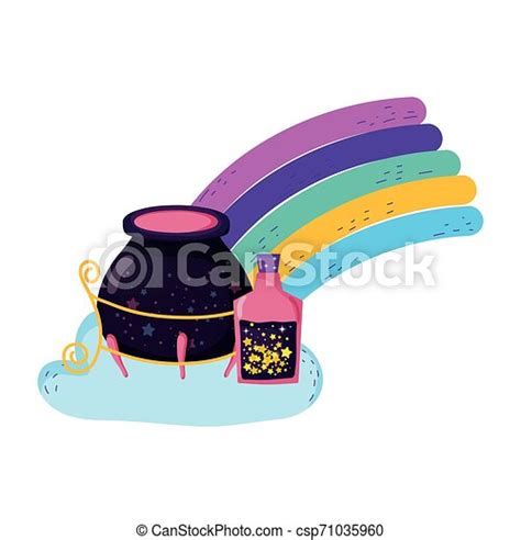 Magic Witch Cauldron With Potion Bottles In Rainbow Vector Illustration