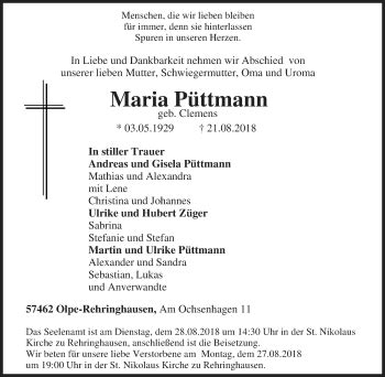 Traueranzeigen Von Maria P Ttmann Trauer In Nrw De