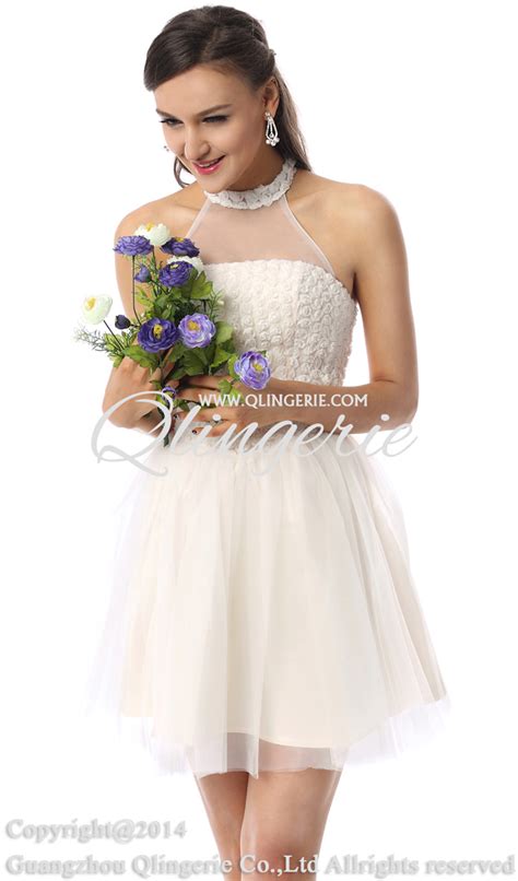 Noble Beige A Line Halter Lace Flowers Short Mini Bridesmaid Prom