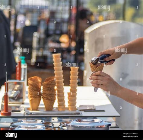 Female Vendor Sells Ice Cream At Naplavka Farmers Street Food Market In