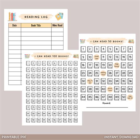 Printable Reading Chart Kids, Reading Log Tracker 50 & 100 Books ...