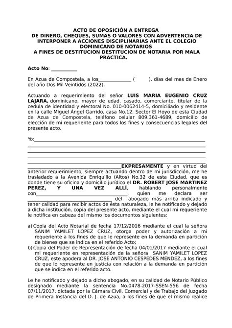 Acto De Oposici N Wio Derecho Acto De Oposici N A Entrega De Dinero