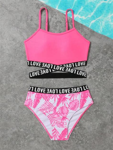 Chica preadolescente Bañador bikini con estampado tropical con cinta con letra Moda de Mujer