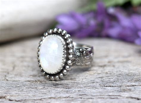 Sterling Silver Moonstone Ring Rainbow Moonstone Ring Art Nouveau Ring