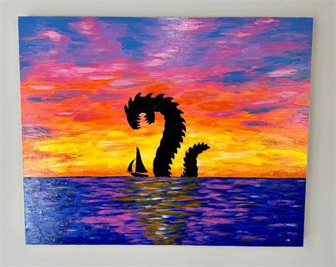 Sea Monster Sunset Sailing Original Acrylic Painting on Gessobord 20x16 ...
