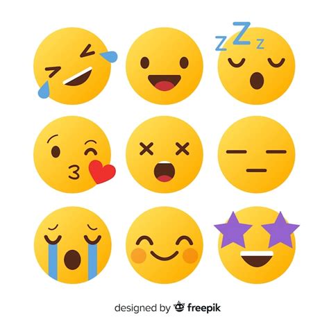 Colección de reacción de emoticonos de diseño plano Vector Premium