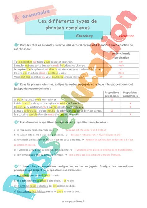 Les Différents Types De Phrases Complexes Exercices De Grammaire Pour