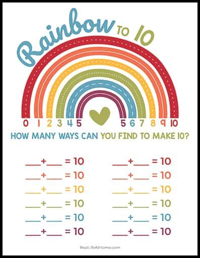 Free Addition Facts Worksheet For Sums Of 10 Featuring A Rainbow