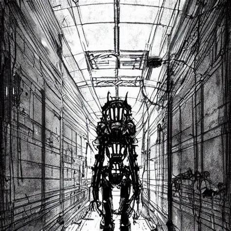 Ominous Space Station Hallway By Tsutomu Nihei Inked Stable Diffusion