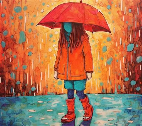 Premium Photo | A painting of a girl with an umbrella in the rain.