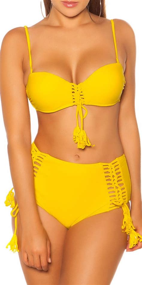 Sexy Pushup Bikini Met Beugel Verwijderbare Bandjes Geel Bandeau