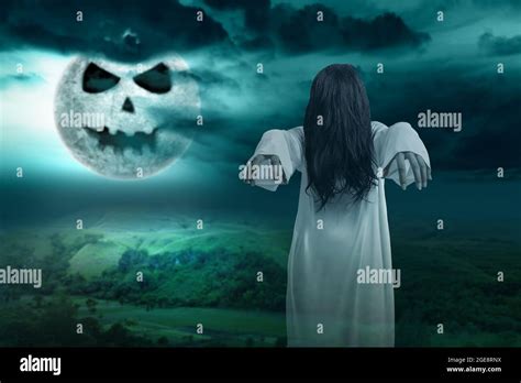 Scary Ghost Woman Standing With Night Scene Background Halloween