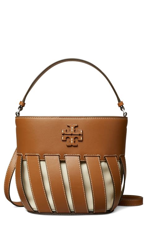 Tory Burch Small Mcgraw Stripe Leather Bucket Bag In Brown Lyst