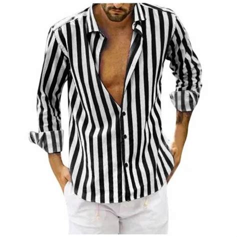 Black And White Collar Neck Men Striped Cotton Shirt Handwash Size