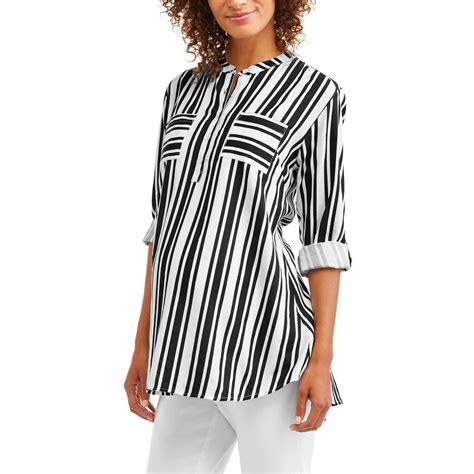 Oh Mamma Maternity Woven Roll Tab Sleeve Stripe Henley Top Walmart