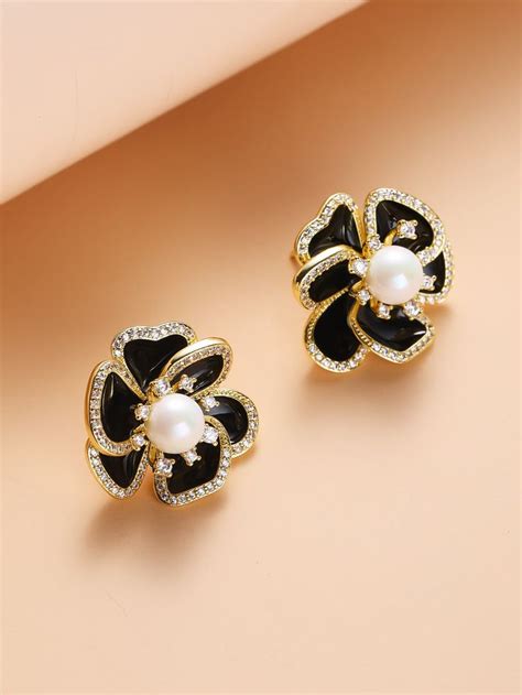 Rhinestone Faux Pearl Decor Flower Design Stud Earrings Stud