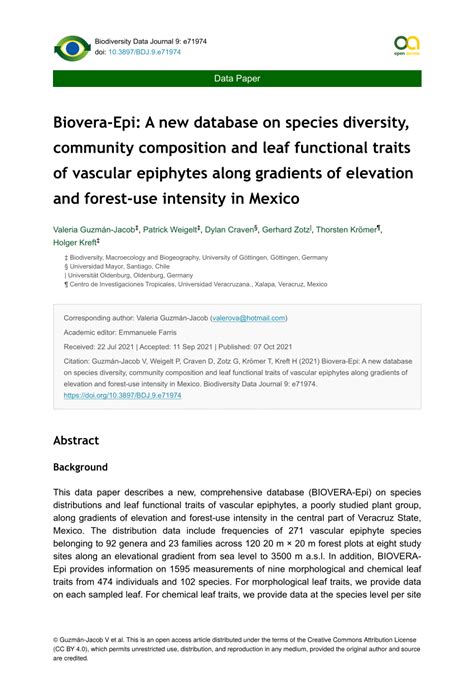 Pdf Biovera Epi A New Database On Species Diversity Community Composition And Leaf