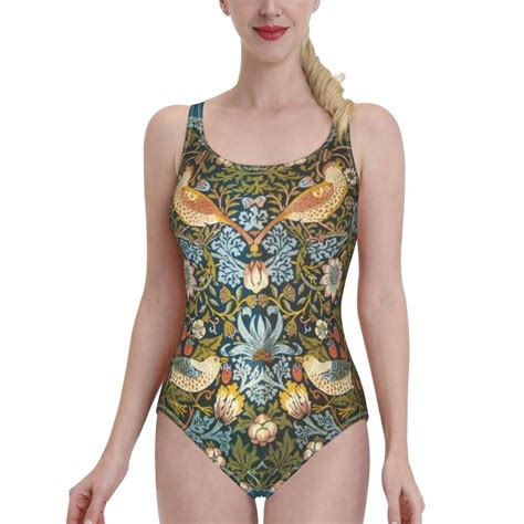 William Morris Pattern Birds And Flowers Black Mesh Swimsuit One Piece