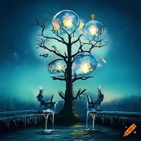 Surreal Park With Strange Creatures Surrealistic Trees Lamp Posts