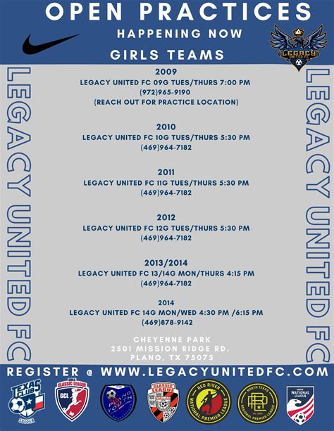 Open Practice And Tryout Schedule 2024 Legacy United Fc