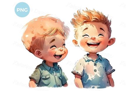 Watercolor Cartoon Laughing Little Boys Happy Kids Clipart