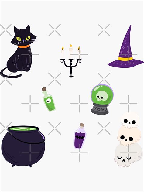 Cute Halloween Sticker Pack Black Cat Witch Hat Skull And Magic