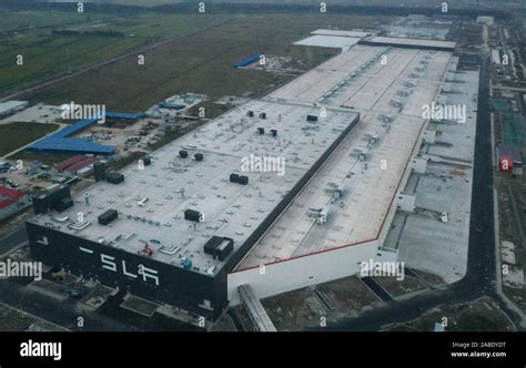 An aerial view of Tesla Gigafactory 3, a factory currently under ...