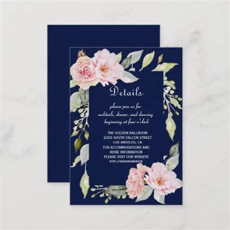 Pink Blush Floral Navy Blue Wedding Details Enclosure Card Zazzle