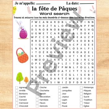 French easter word search and crossword activities La fête de Pâques