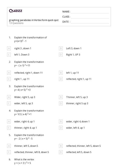 Graphing Parabolas Worksheets For Th Grade On Quizizz Free