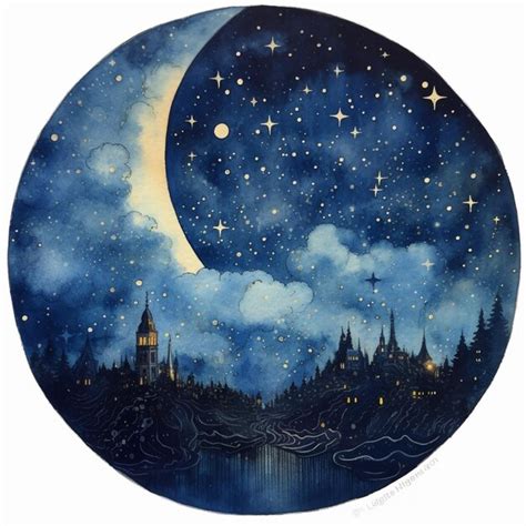 Pintura De Noche Estrellada De Un Castillo Y Una Media Luna Con Una