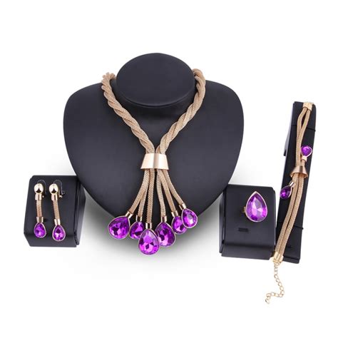 Pcs Mulheres Roxo Strass Gota Pingente Colar Brincos Pulseira Anel