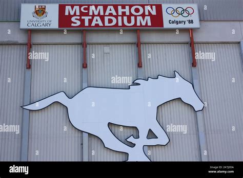 The logo of the Calgary Stampeders on the exterior of McMahon Stadium ...