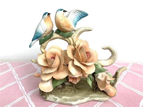 Vintage Napoli Capodimonte Blue Birds With Peach Roses Made In Italy