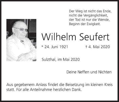 Wilhelm Seufert Traueranzeige Trauer InFranken De