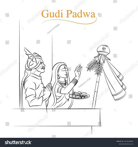 Gudi Padwa Festival Vector Line Drawing Stock Vector Royalty Free