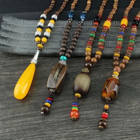 Ethnic Boho Wood Beads Long Necklace Vintage Nepal Long Buddhist Mala