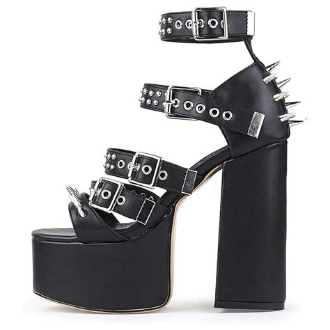 Lib Peep Toe Rivet Decorated Punk Gothic Style Platforms Chunky Heels