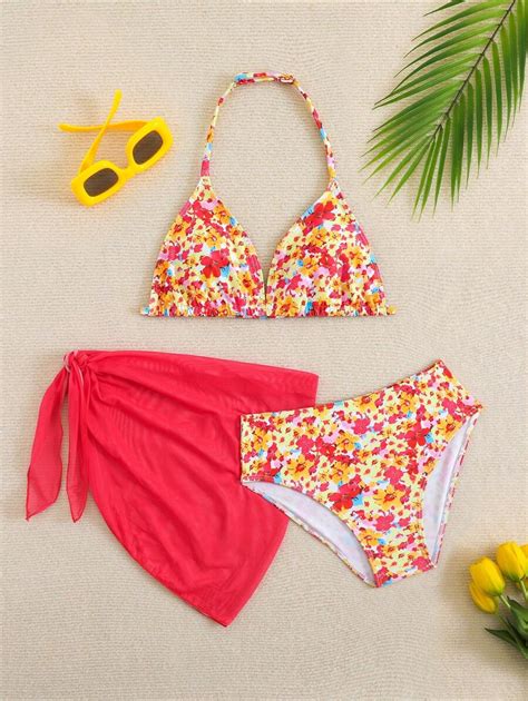 SHEIN Cute Girls Ditsy Floral Triangle Bikini Top And Mesh Skirt 2 Pieces Swimsuit Set Print