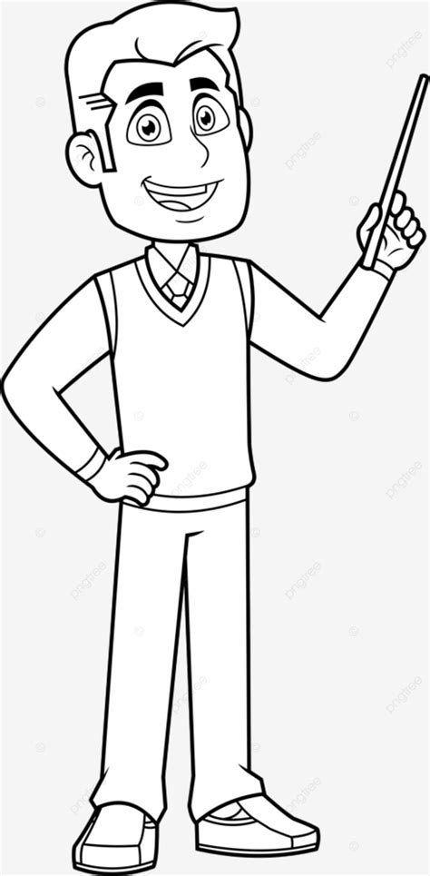 Outlined Male Teacher Cartoon Character Holding A Pointer And Speak