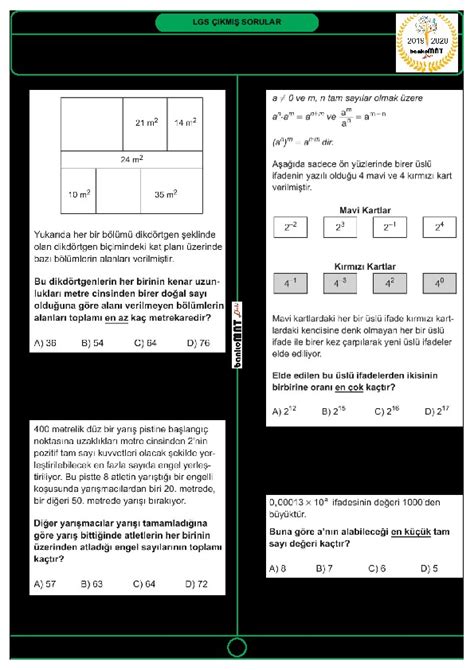 8 Sınıf Matematik 1 Ünite LGS Çıkmış Sorular Denemesi Deneme Sınavı