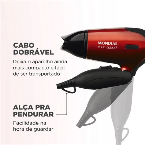 Secador De Cabelos Mondial Max Travel SC 10 1200W Preto Vermelho Bivolt