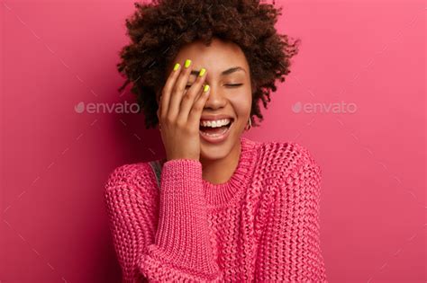 Emotions Lifestyle Concept Overjoyed Dark Skinned Woman Laughs With