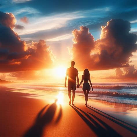 Um casal andando de mãos dadas ao longo de uma praia ao pôr do sol