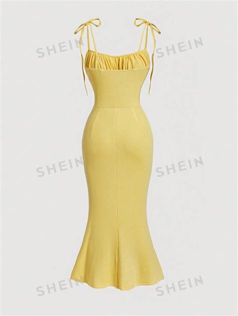 Shein Mod Solid Ruched Bust Tie Shoulder Corset Structure Cami Dress