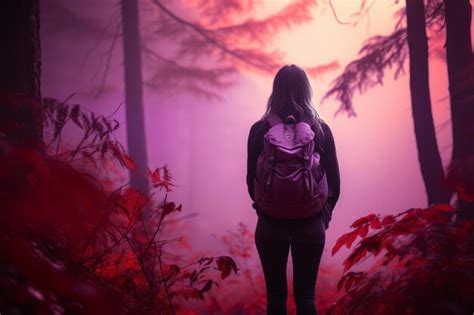 Premium Photo A Woman With A Backpack Walking Through A Forest At Sunset