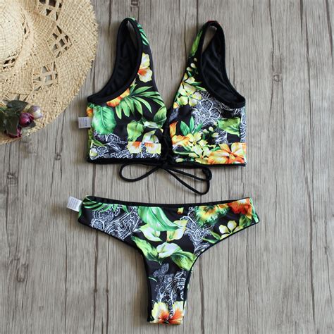 Bikini Set Women Sexy Lace Up Ribbed Floral Bikini Low Waist Wire Free