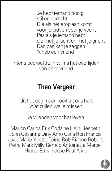 Theodorus Maria Theo Vergeer 31 07 2017 Overlijdensbericht En